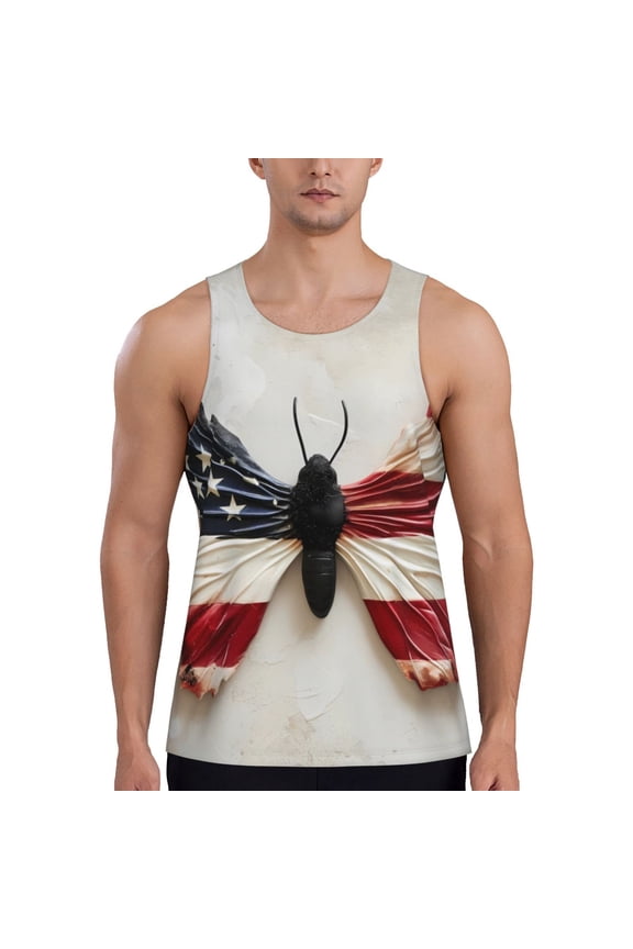 American Flag Butterfly Wall Print Men's Quick Dry Fitness Vest, Round Neck Sleeveless Fitness Bodybuilding Top-3X-Large