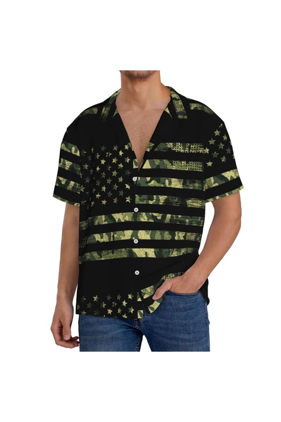 American Flag Camo Print Men's Short-sleeved Shirts, Button-down Pocket Shirts, T-shirts, Beach Vacation Travel Summer Clothing-Small