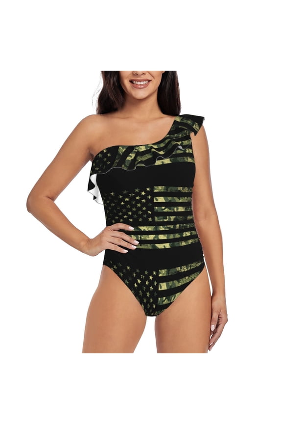 American Flag Camo Print One-shoulder Ruffled One-piece Swimsuit with Removable Chest Pads and Tummy-control Swimsuit for Women-Large