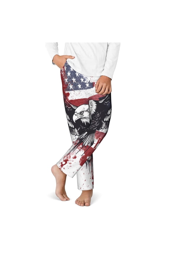 American Flag Eagle Art Print Youth Home Trousers, Elastic Waistband with Pockets for Home and Outing, Suitable for Children Aged 5-16-XS(5-6)