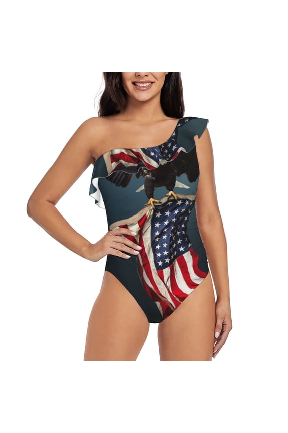 American Flag Print One-shoulder Ruffled One-piece Swimsuit with Removable Chest Pads and Tummy-control Swimsuit for Women-Large