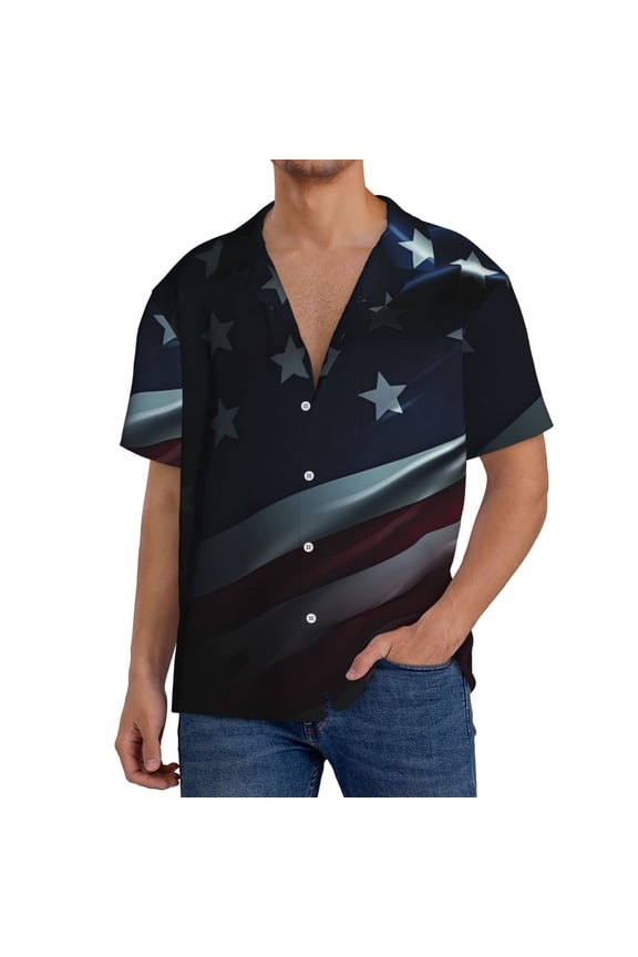 American Flag Waving Print Print Men's Short-sleeved Shirts, Button-down Pocket Shirts, T-shirts, Beach Vacation Travel Summer Clothing-Medium
