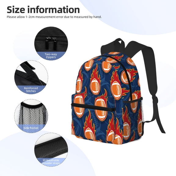 Gukieu American Football and Fire Flames Print Backpack, Waterproof Backpack with Adjustable Shoulder Straps, Suitable for Campus, Business, Travel, Unisex