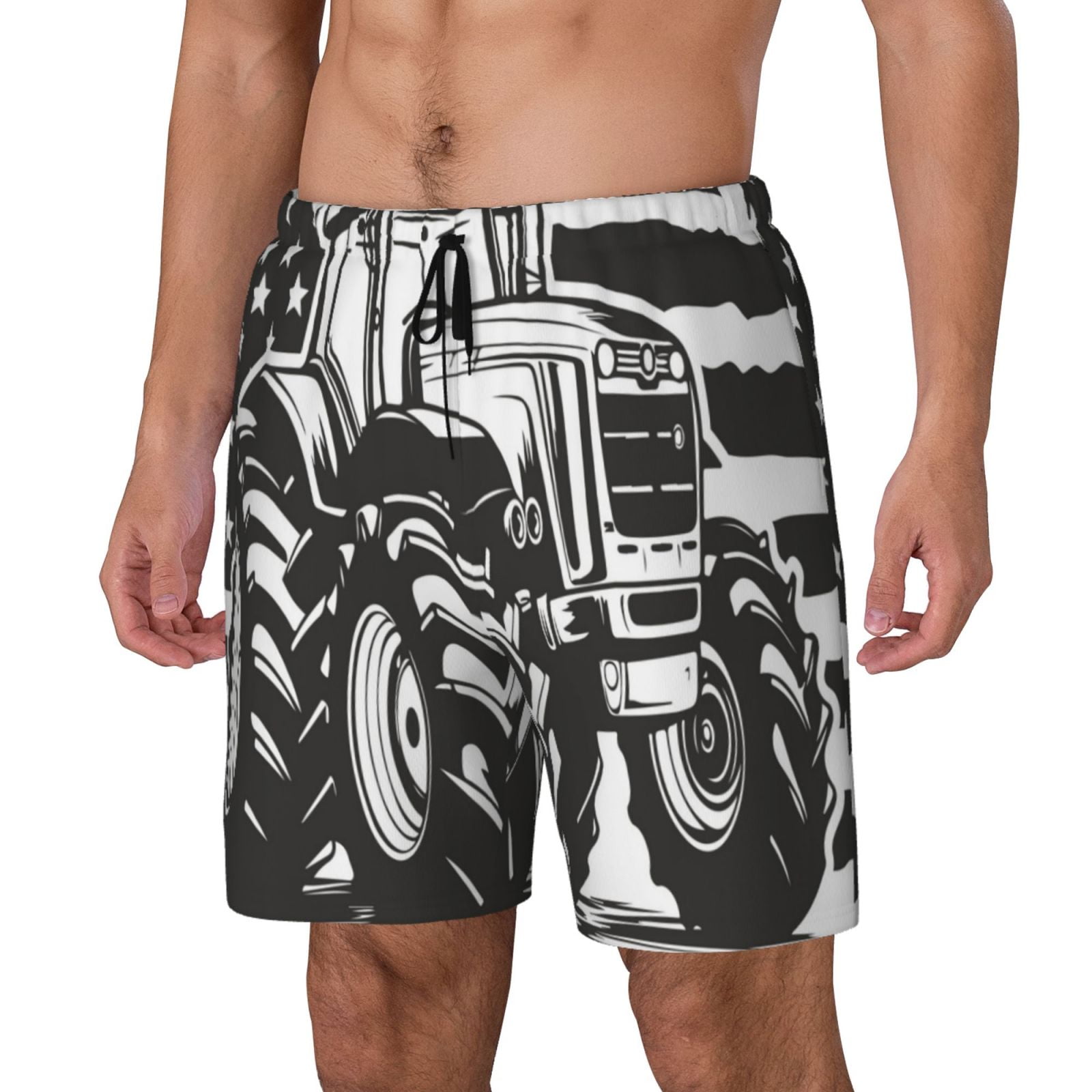Gukieu American Tractor Print Men's Double Layer Sports Swim Trunks, Quick Dry Adjustable Waist Swim Shorts Swimwear-Medium