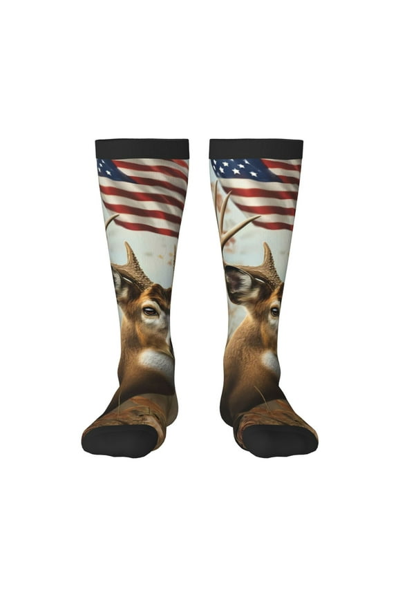 American Wildlife Deer Forest Print Contrast Color Stockings, Elastic Sports Socks Warm Socks Clothing Accessories, Adult Unisex