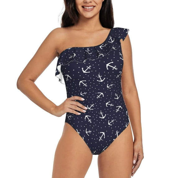 Gukieu Anchor Print One-shoulder Ruffled One-piece Swimsuit with Removable Chest Pads and Tummy-control Swimsuit for Women-Medium