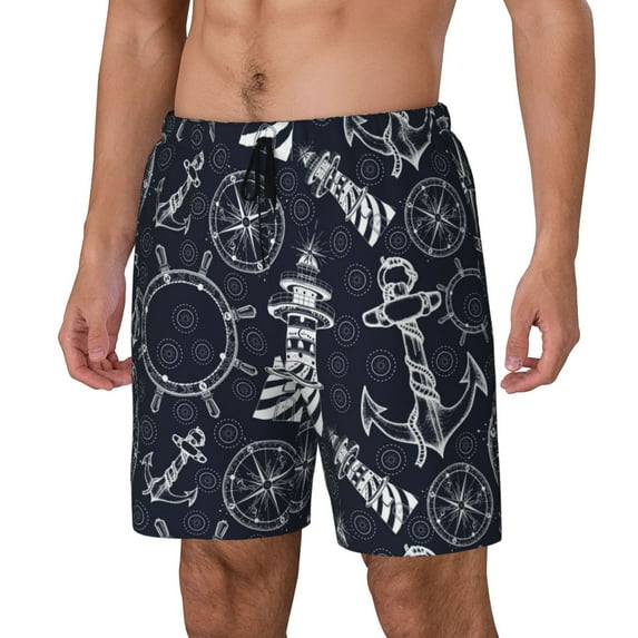 Gukieu Anchor and Lighthouse Print Men's Double Layer Sports Swim Trunks, Quick Dry Adjustable Waist Swim Shorts Swimwear-Large