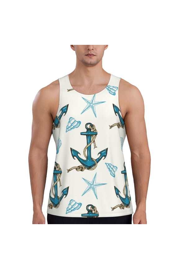 Anchors And Shells Print Men's Quick Dry Fitness Vest, Round Neck Sleeveless Fitness Bodybuilding Top-Large
