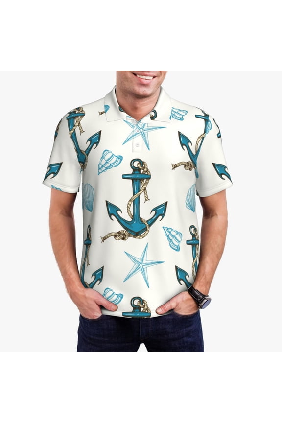 Anchors And Shells Print Men's Quick-drying POLO Shirt, Button-down Summer T-shirt, Suitable for Work and Outdoor Activities-Small