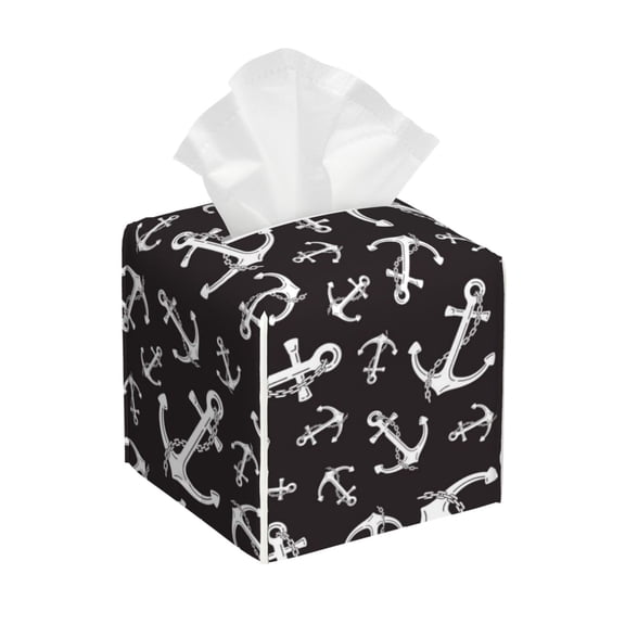 Gukieu Anchors Print Leather Tissue Box, PVC Waterproof Velcro Opening and Closing Square Tissue Box Holder, Suitable for Home and Office Decoration