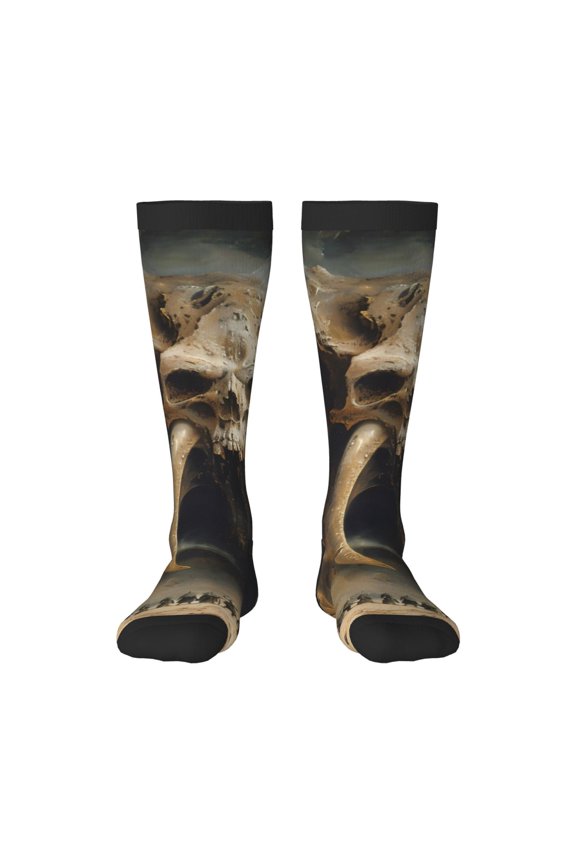 Ancient Skull Cave Landscape Print Contrast Color Stockings, Elastic Sports Socks Warm Socks Clothing Accessories, Adult Unisex