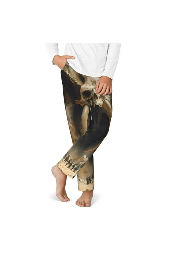 Ancient Skull Cave Landscape Print Youth Home Trousers, Elastic Waistband with Pockets for Home and Outing, Suitable for Children Aged 5-16-Medium
