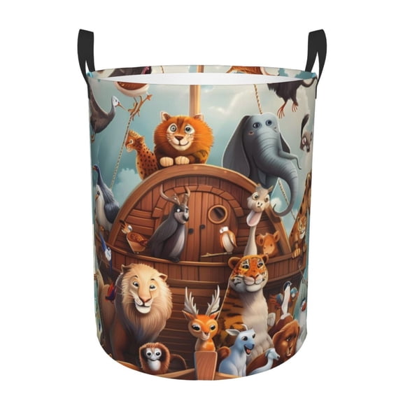 Gukieu Animal Filled Noahs Ark Print Round Dirty Clothes Bag, Waterproof Standing Home Bathroom Storage Basket Car Trunk Storage Bag-Small