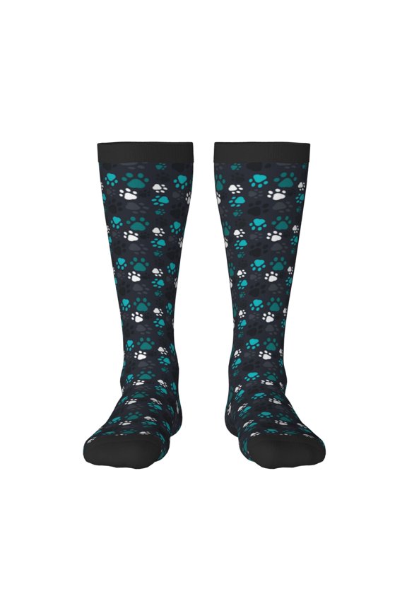 Animal Footprints Print Contrast Color Stockings, Elastic Sports Socks Warm Socks Clothing Accessories, Adult Unisex