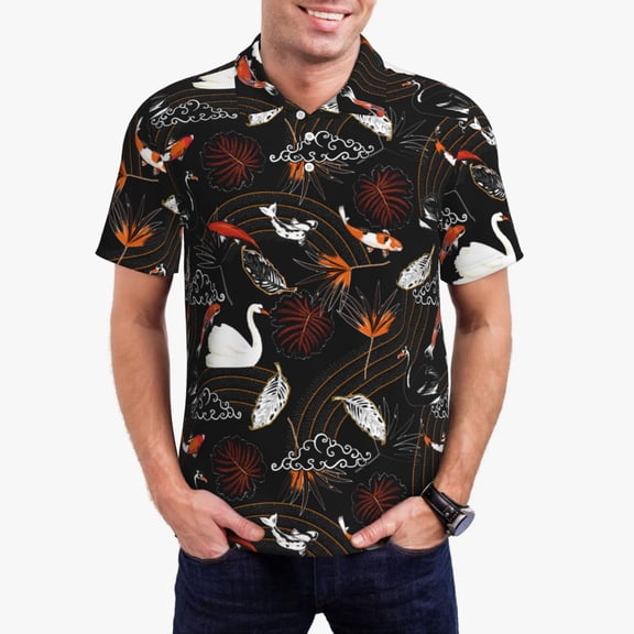 Gukieu Animal Koi Fish Print Men's Quick-drying POLO Shirt, Button-down Summer T-shirt, Suitable for Work and Outdoor Activities-Small