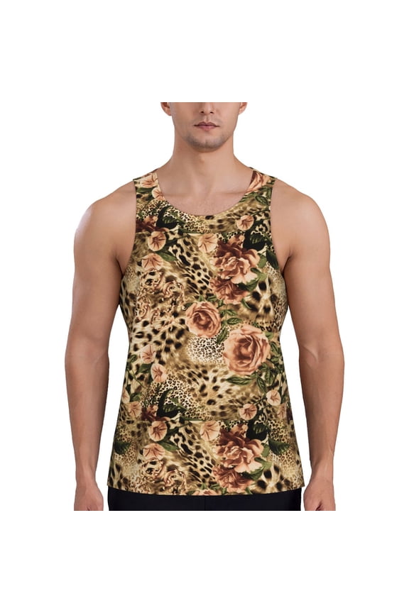 Animal Leopard Print Men's Quick Dry Fitness Vest, Round Neck Sleeveless Fitness Bodybuilding Top-Small