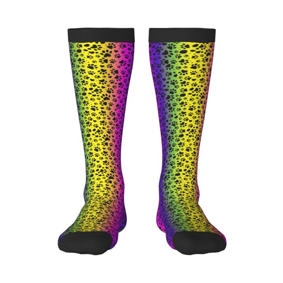 Gukieu Animal Paw Rainbow Print Contrast Color Stockings, Elastic Sports Socks Warm Socks Clothing Accessories, Adult Unisex