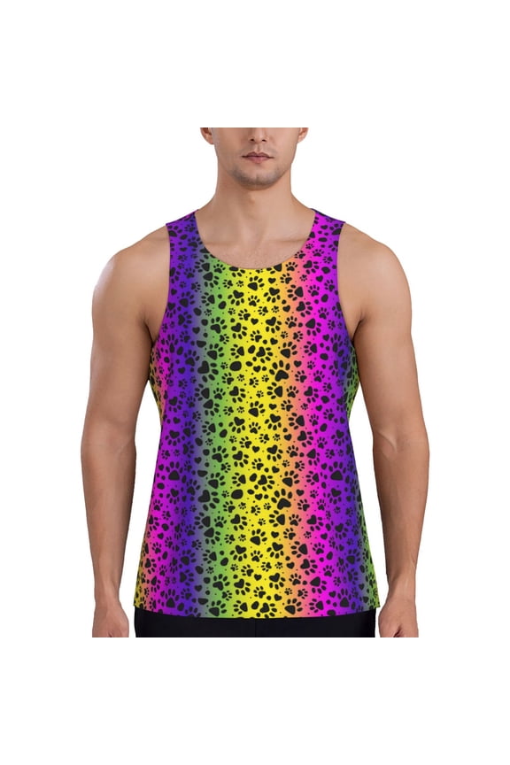 Animal Paw Rainbow Print Men's Quick Dry Fitness Vest, Round Neck Sleeveless Fitness Bodybuilding Top-Small