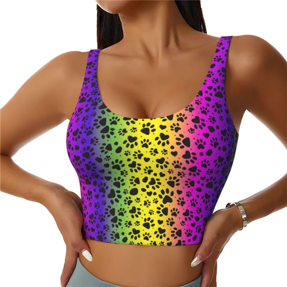Gukieu Animal Paw Rainbow Print Women's Sports Vest, Low-neck U-shaped Removable Pad Sports Bra for Yoga, Exercise, Dance-Medium