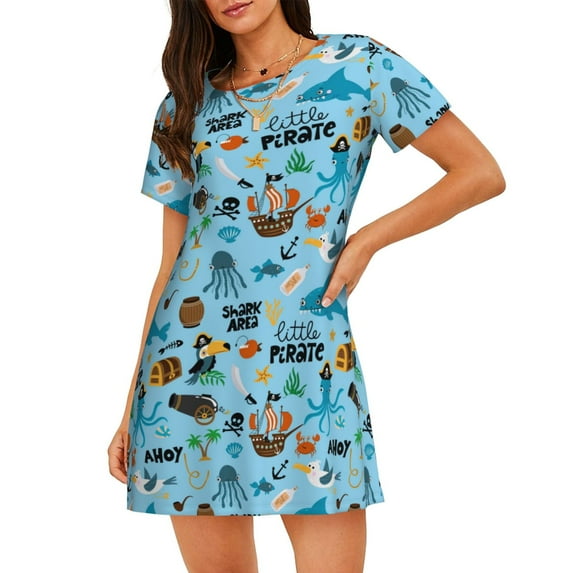 Gukieu Animal Pirate Print Women's Nightgown, A-line Round Neck Short-sleeved Nightgown Pajamas Home Wear Suitable for Home and Outing