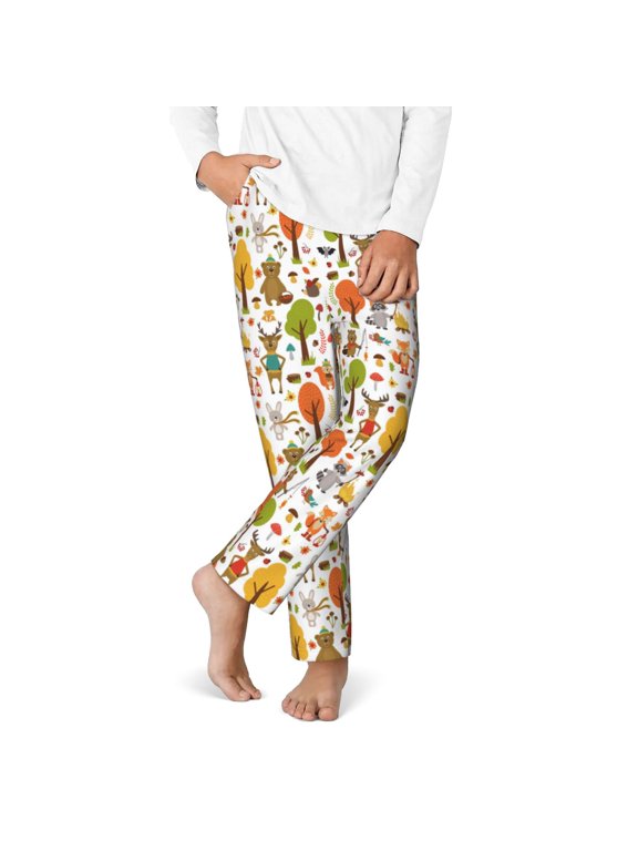 Animals Forest Print Youth Home Trousers, Elastic Waistband with Pockets for Home and Outing, Suitable for Children Aged 5-16-Small