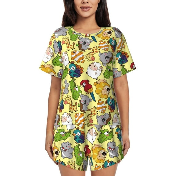 Gukieu Animals Print Women's Short-sleeved Pajama Set, Round Neck Button Top Elastic Shorts 2-piece Set, Summer Home Leisure Clothing-Large