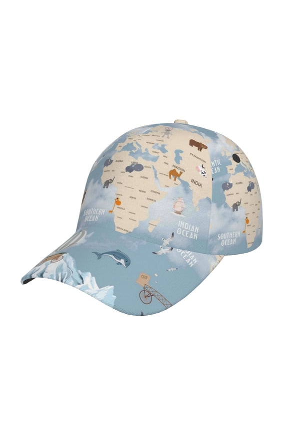 Animals Travel World Map Prin Baseball Cap, Adjustable Sweat-wicking Daily,Travel, Sports Cap, Unisex