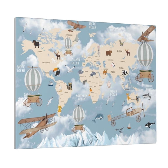 Gukieu Animals Travel World Map Print Canvas Decorative Hanging Painting, Waterproof Art Wall Decoration with Frame, Suitable for Living Room, Bedroom