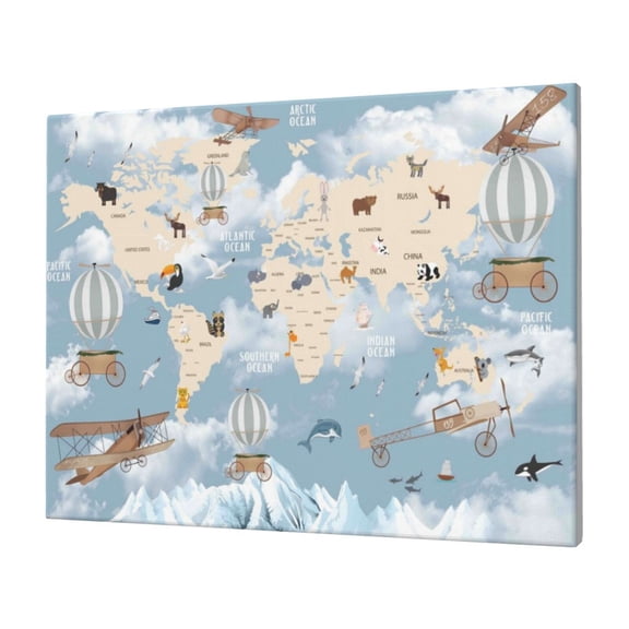 Gukieu Animals Travel World Map Print Horizontal Canvas Decorative Painting 12x16 Inch Shrinkage Resistant Frame Hanging Home Wall Art Decor