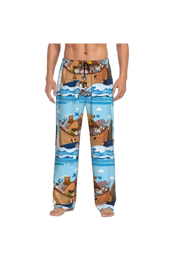 Animals on Noah's Ark Floating Print Men's Home Trousers, Elastic Drawstring Home Pajamas Clothing Suitable for Adult Men-XX-Large