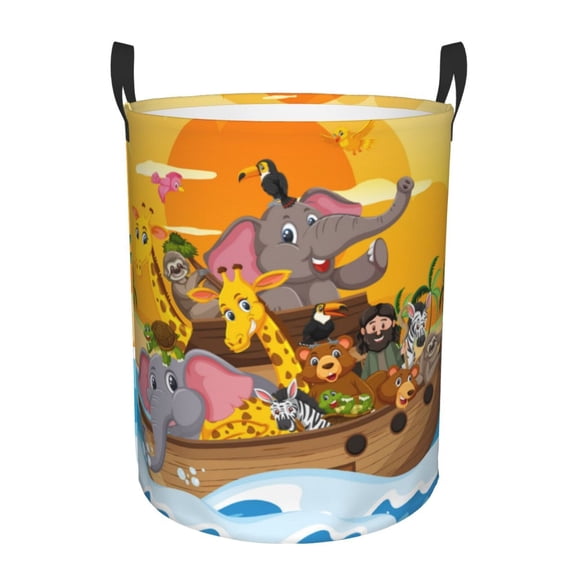 Gukieu Animals on Noah's Ark1 Print Round Dirty Clothes Bag, Waterproof Standing Home Bathroom Storage Basket Car Trunk Storage Bag-Small