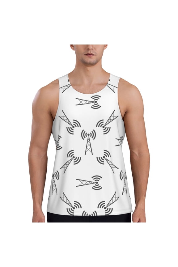 Antenna Icon Print Men's Quick Dry Fitness Vest, Round Neck Sleeveless Fitness Bodybuilding Top-Small