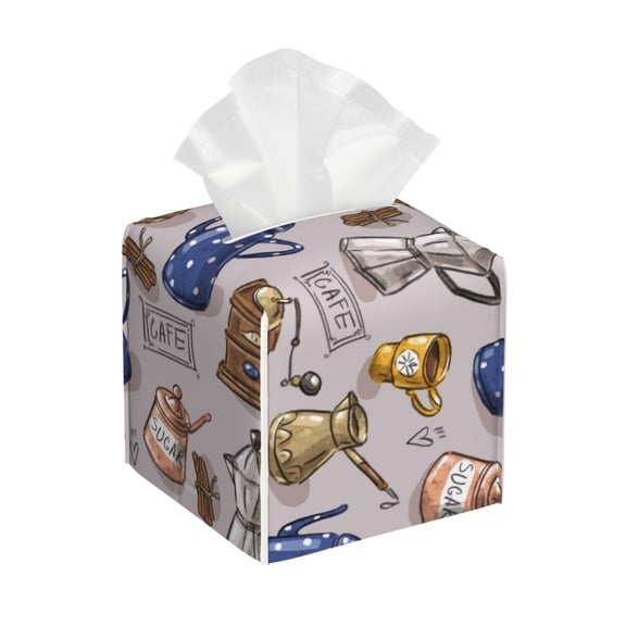 Gukieu Antique Vintage Teapot Coffee Grinder Print Leather Tissue Box, PVC Waterproof Velcro Opening and Closing Square Tissue Box Holder, Suitable for Home and Office Decoration