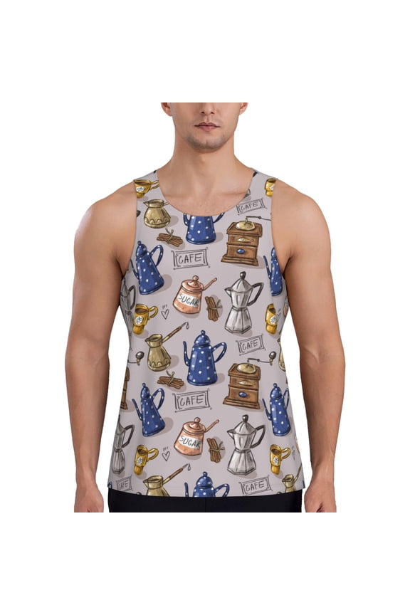 Antique Vintage Teapot Coffee Grinder Print Men's Quick Dry Fitness Vest, Round Neck Sleeveless Fitness Bodybuilding Top-3X-Large