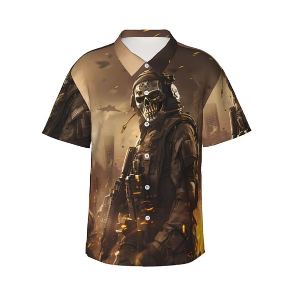 Gukieu Apocalyptic Skull Soldier Print Men's Short-sleeved Shirts, Button-down Lapel Hawaiian Shirts, T-shirts, Beach Vacation Summer Casual Wear,Small