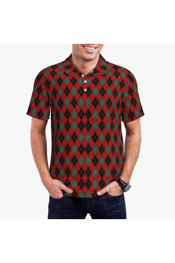 Argyle Plaid Print Men's Quick-drying POLO Shirt, Button-down Summer T-shirt, Suitable for Work and Outdoor Activities-Small