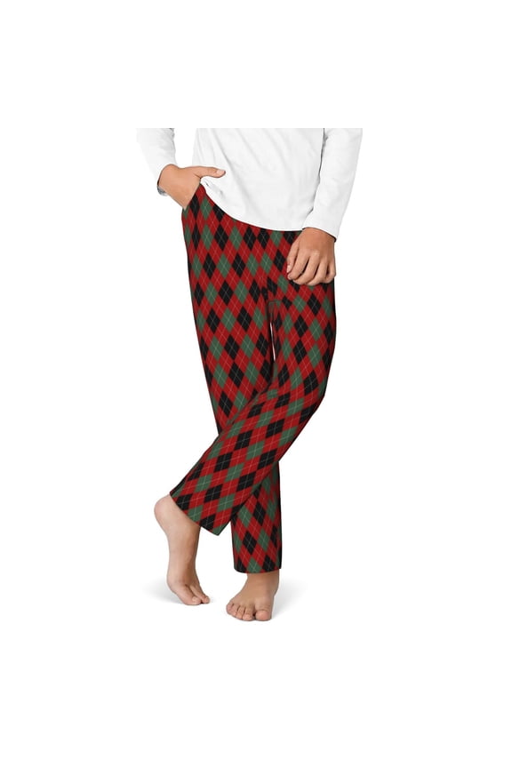 Argyle Plaid Print Youth Home Trousers, Elastic Waistband with Pockets for Home and Outing, Suitable for Children Aged 5-16-XS(5-6)