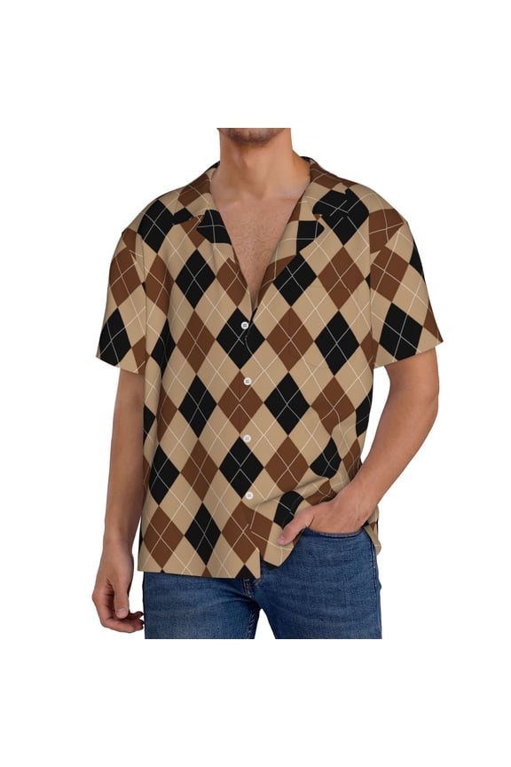 Argyle of brown Print Men's Short-sleeved Shirts, Button-down Pocket Shirts, T-shirts, Beach Vacation Travel Summer Clothing-4X-Large