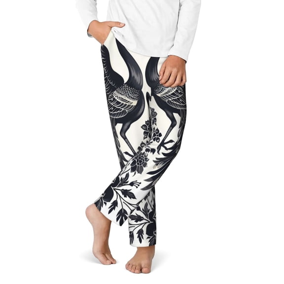 Gukieu Artistic Black White Peacocks Print Youth Home Trousers, Elastic Waistband with Pockets for Home and Outing, Suitable for Children Aged 5-16-Small
