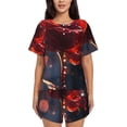 thumbnail image 1 of Gukieu Artistic Dewdrop Rose Print Women's Short-sleeved Pajama Set, Round Neck Button Top Elastic Shorts 2-piece Set, Summer Home Leisure Clothing-Large, 1 of 6
