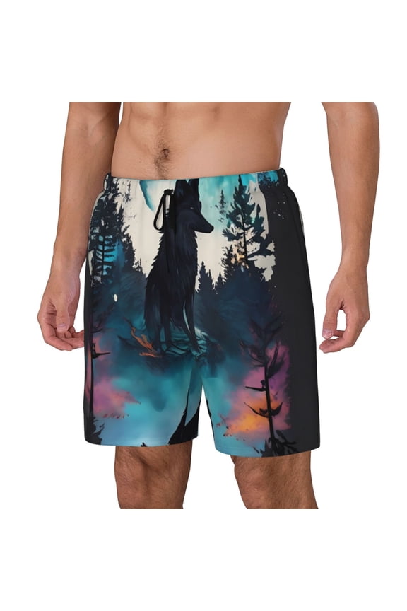 Artistic Moon Valley Wolf Print Men's Double Layer Sports Swim Trunks, Quick Dry Adjustable Waist Swim Shorts Swimwear-Medium