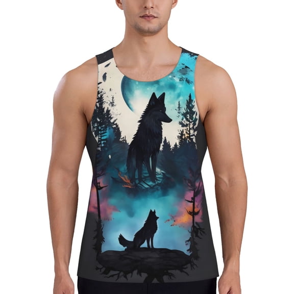 Gukieu Artistic Moon Valley Wolf Print Men's Quick Dry Fitness Vest, Round Neck Sleeveless Fitness Bodybuilding Top-Large