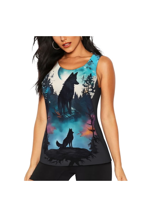 Artistic Moon Valley Wolf Print Women's Quick-drying Fitness Vest, Round Neck Sleeveless Fitness T-shirt, Suitable for Yoga, Sports-X-Large