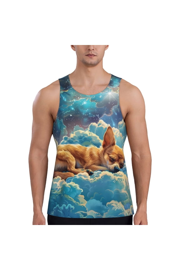 Artistic Starry Sky Cloud Dog Print Men's Quick Dry Fitness Vest, Round Neck Sleeveless Fitness Bodybuilding Top-Small