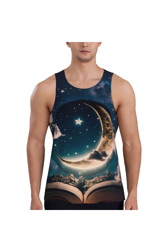 Artistic Starry Sky Moon Book Print Men's Quick Dry Fitness Vest, Round Neck Sleeveless Fitness Bodybuilding Top-4X-Large