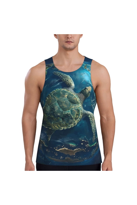 Artistic Turtle Earth Print Men's Quick Dry Fitness Vest, Round Neck Sleeveless Fitness Bodybuilding Top-X-Large