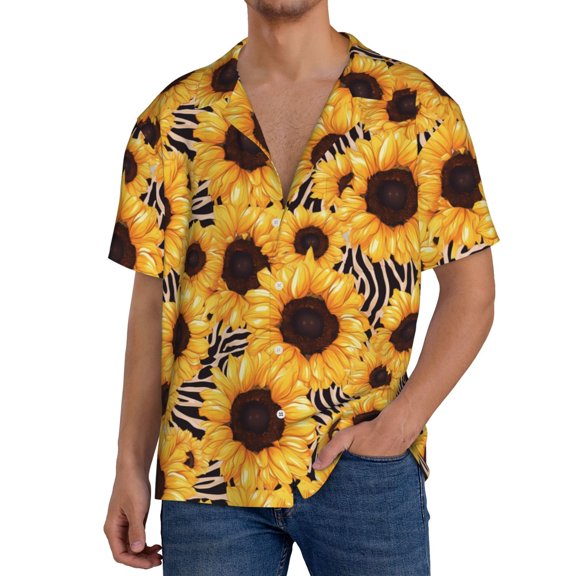 Gukieu Artistic Zebra Print Sunflower Print Men's Short-sleeved Shirts, Button-down Pocket Shirts, T-shirts, Beach Vacation Travel Summer Clothing-4X-Large