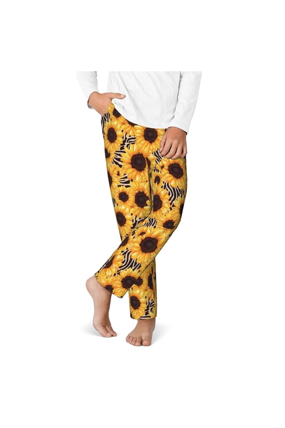 Artistic Zebra Print Sunflower Print Youth Home Trousers, Elastic Waistband with Pockets for Home and Outing, Suitable for Children Aged 5-16-Small