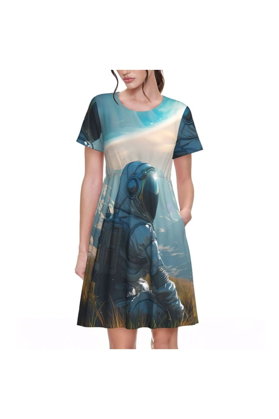 Astronaut Contemplating Planet Print Women's Short Sleeve Dress, Elastic Waistband A-line with Pockets Summer Dress, Suitable for Daily Leisure, Work, Vacation
