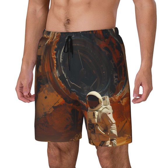 Gukieu Astronaut Exploring Mars Print Men's Double Layer Sports Swim Trunks, Quick Dry Adjustable Waist Swim Shorts Swimwear-Medium